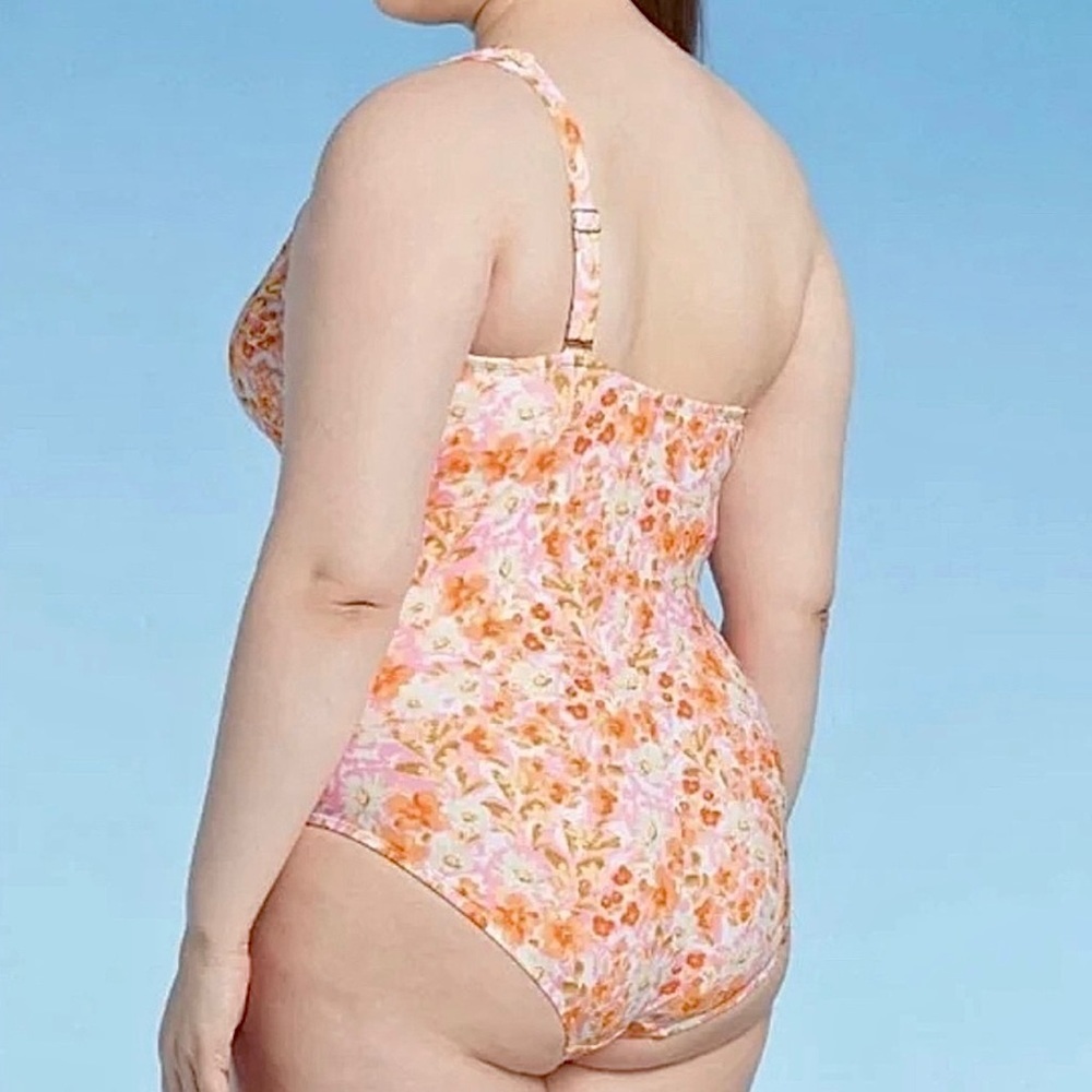 Kona Sol One Shoulder Orange Floral Print Shirred Sides & High Back Coverage. - Picture 2 of 7